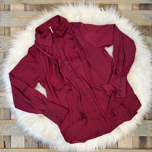 EUC ✵☽Free People☾✵ Silky Red + Purple Button Down Blouse Top + Sash Tie | Small - Picture 15 of 16